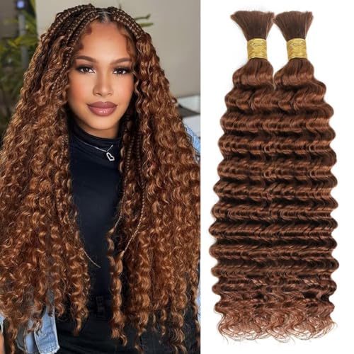 100% Unprocessed Human Hair for Braiding #30 Auburn Pre-Separated Curly Bulk Hair 12A Grade Deep Boho Braiding Hair Extensions Natural Glossy Finish 18 Inch 100g 2 Bundles