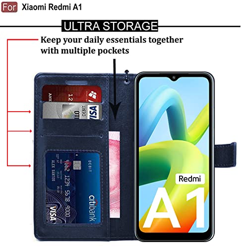 Image of CEDO Flip Cover for Redmi A1 / Redmi A2 (4G) | Leather Finish | Inside Pockets & Inbuilt Stand | Shockproof Wallet Style Magnetic Closure Back Case Flipcover (Blue)