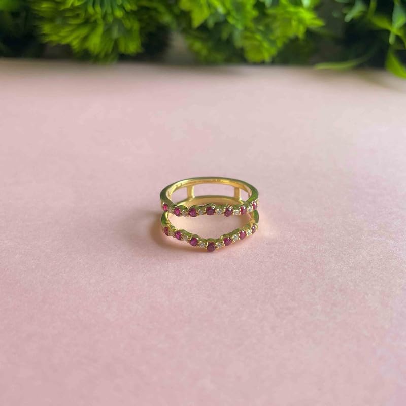 Red Ruby & White Diamond V Shaped Contour Matching Enhancer Guard For Women, 14K Gold Finish Ruby Anniversary Chevron Wrap Ring