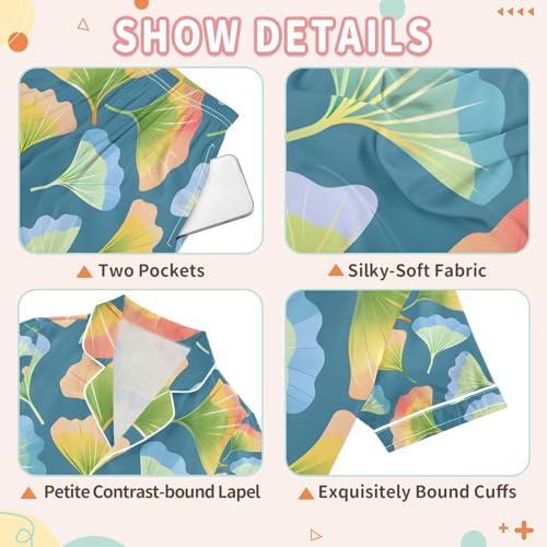 senya Ginkgo Biloba Leaves Colorful Satin Summer Pajama Sets Silk Short Sleeve Button Down Sleepwear3