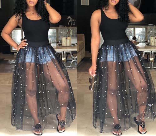 Yuopeid Women's Maxi Dress Sexy Strappy Sleeveless Waisted Mesh See Through Puff Swing Party Cocktail Dress2