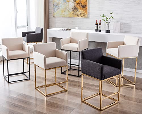 Hny Modern Counter Height Bar Stools Set Of 2, Linen Fabric Upholstered Bar Stools With Backs, 30 Inch Kitchen Island Stools With Black Metal Frame, Cream #TOP6