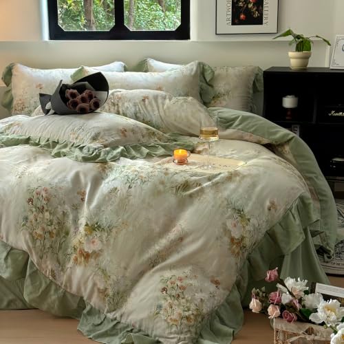 Image of VM VOUGEMARKET Romantic Ruffle Floral Duvet Cover Set Twin Sage Green