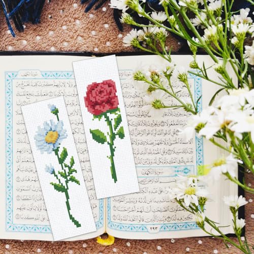 Image of BEUNITONE 6 Pcs Flower Bookmark Cross Stitch Kits DIY Stamped Embroidery Bookmark Kit for Adults Beginner with Instructions Vivid Floral Cross Stitch Kits for DIY Crafts Book Lovers Gifts 2.4x8 in