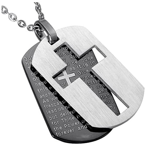 ALEXTINA Men's Stainless Steel Bible Verse Lord's Prayer Necklace Cross Dog Tag Pendant with Free Chain Black Cover
