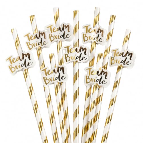 Image of Wanna Party Team Bride Straws Set of 10 | White & Gold Paper Straws with Team Bride Tags | Bachelorette Party Decorations, Bridal Shower Accessories, Hen Party Drink Straws