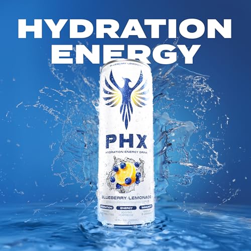 Image of PHX Hydration Energy Drink - 700mg Electrolytes, 200mg Natural Green Tea Caffeine, 100% Daily Value 8 Essential Vitamins - 12 oz Cans (12 Pack) (12 Pack, Blueberry Lemonade)