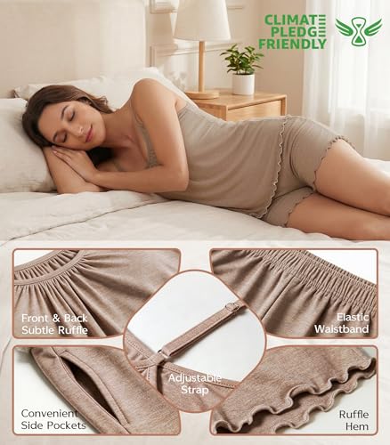 Image of NACHILA Women's Bamboo Viscose Pajama Shorts Sets-Cooling V Neck Cami Sleepwear, Soft Summer Camisoles Pjs Set with Pocket