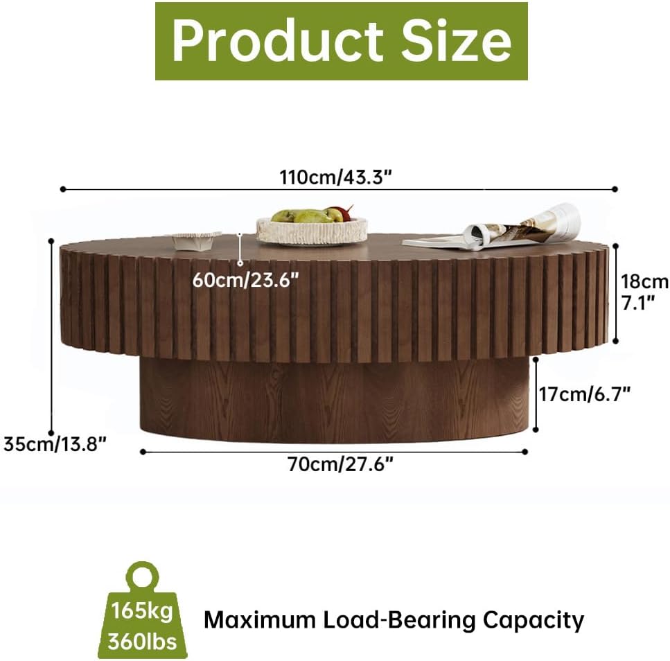 Oval Coffee Table for Living Room, 43 inch Oval Wood Fluted Coffee Table Modern Fluted Drum Coffee Tables for Small Space (A Dark Brown)