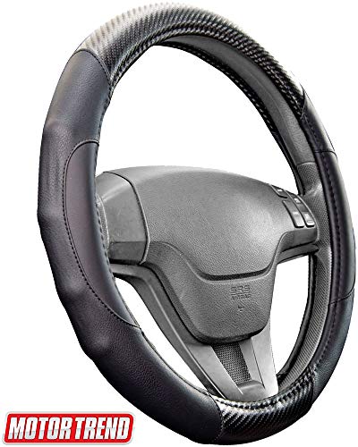 Motor Trend GripDrive Carbon Fiber Steering Wheel Cover  Universal Fit with Microfiber Leather for Steering Wheel Sizes 14.5 15 15.5 inches (Black)