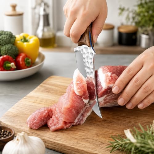 Image of Kitchen Chef Knife, 8 Inch, German Stainless Steel Blade with Wooden Handle, Forged, Silver and Brown, with Protective Sheath
