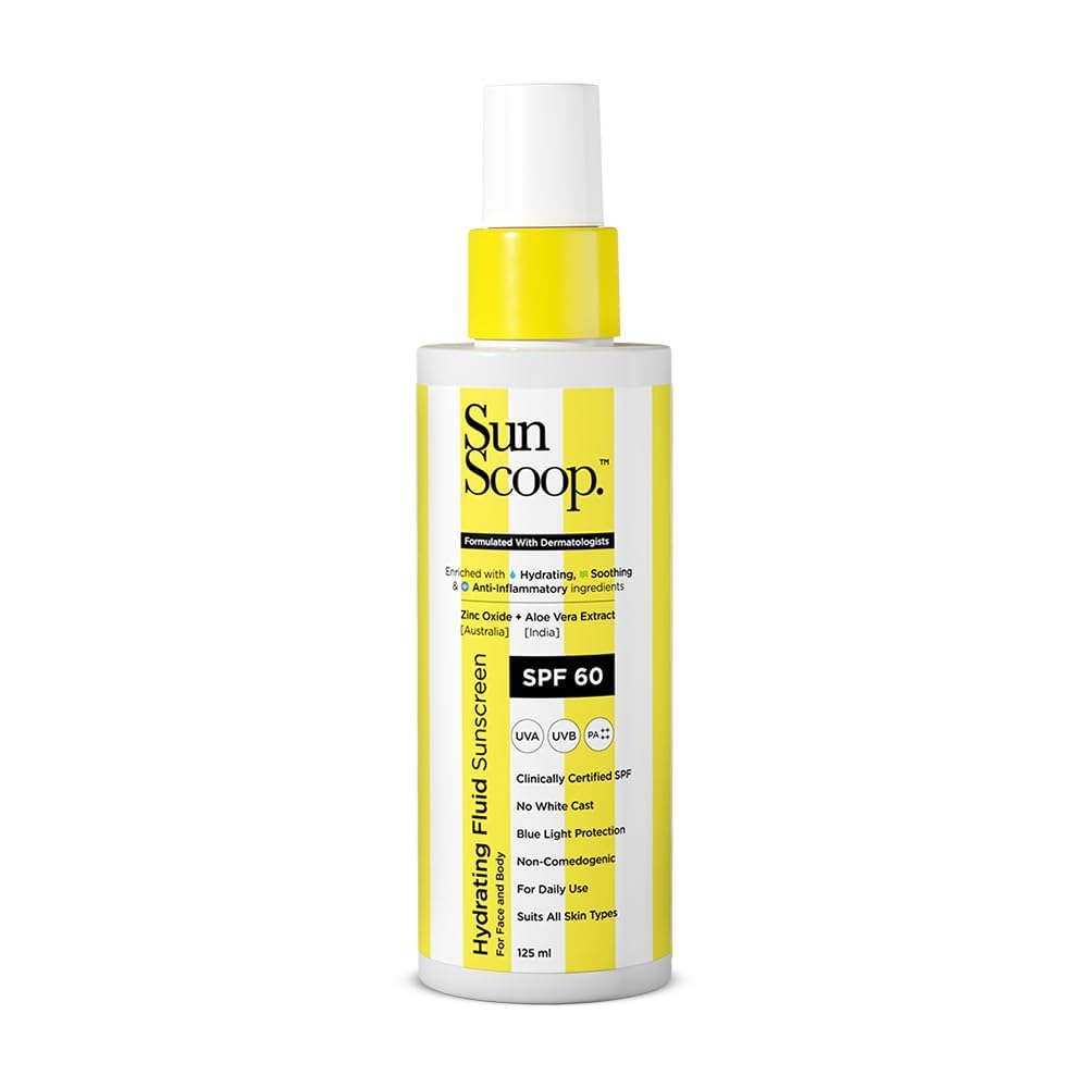 Sun Scoop Hydrating Face Body Fluid Sunscreen Spray SPF 60 PA Water Resistant With Zinc Oxide Broad Spectrum