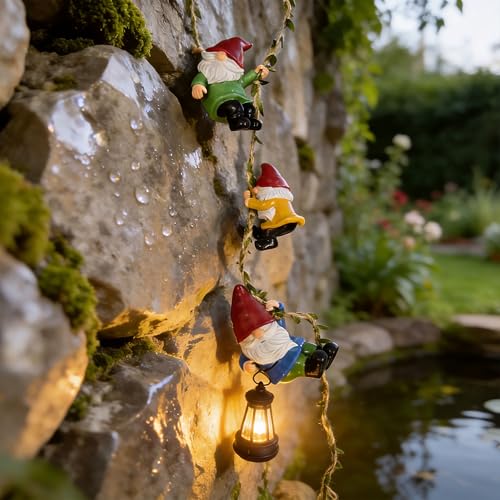 QCF Garden Gnomes Hanging Solar Lights 3-Pack Climbing Rope Gnome Statues with LED Lantern Resin Outdoor Decor for Yard Patio Door Tree Fence Wall Housewarming Gifts for Women Mom Grandma