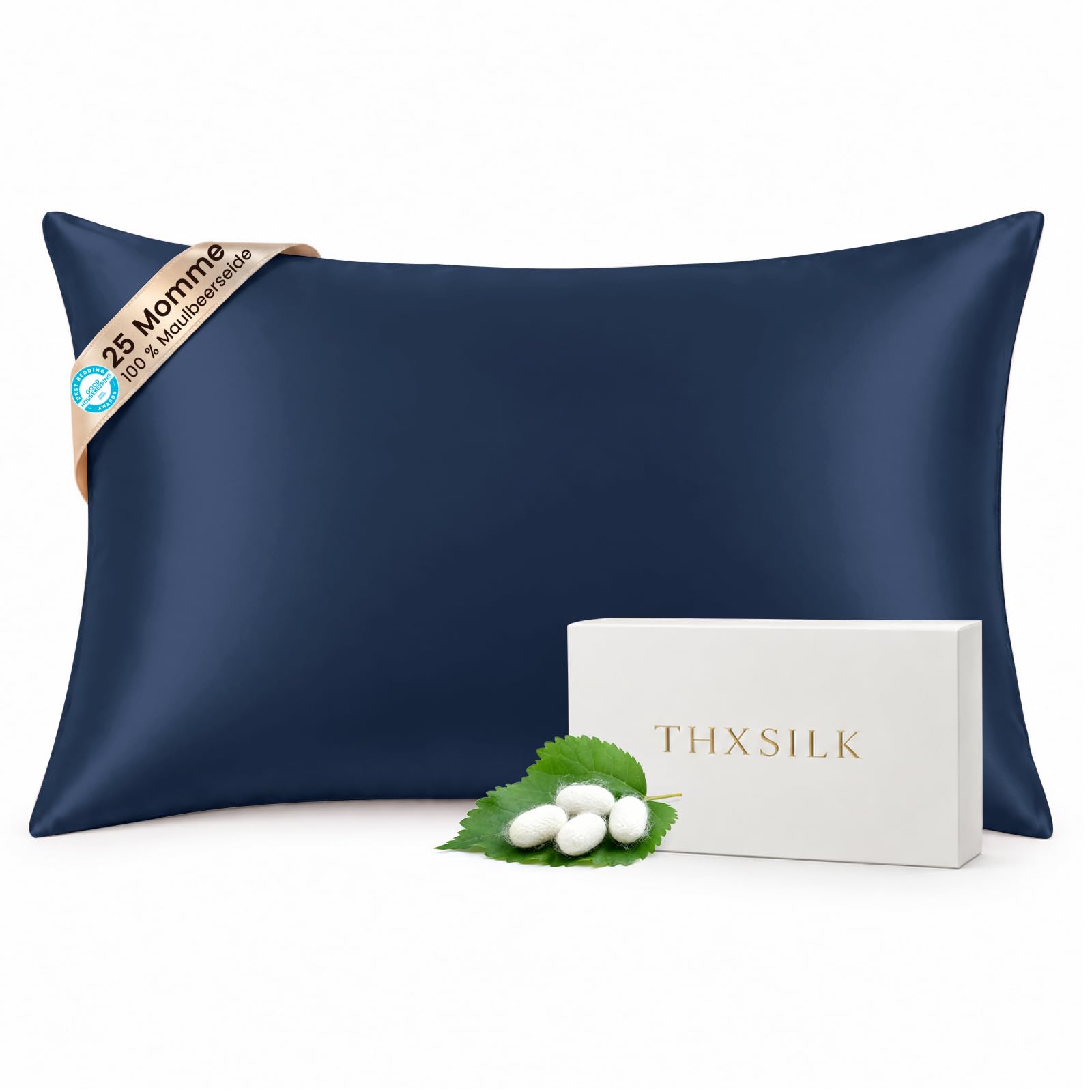 THXSILK 25 Momme Seide Kissenbezug für Haar und Haut - Maulbeerseide Kissenbezug - Hypoallergen mit Versteckter Reißverschluss - Pure Seide auf Beide Seiten … (Marineblau, 40x80cm)