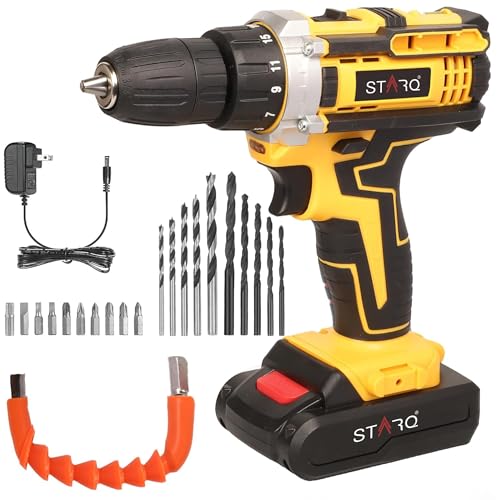Image of STARQ 21V Li-ion Dual Speed Keyless Chuck Drill|Cordless Drill Driver|Screwdriver with 2 Batteries,LED Torch Variable Speed and Torque Setting (18+1). (With Batteries) (21v-drill kit),Multicolour