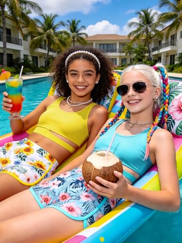 Image of Girls Swimsuit 3 Piece High Waist Sport Bathing Suit Quick Dry Bikini Tankini Sets with Shorts for 7-16