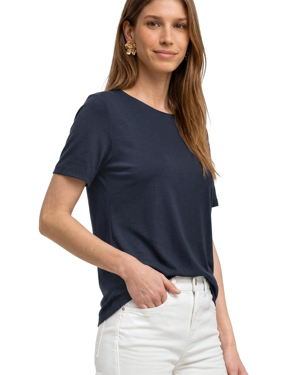 Street One Basic T-Shirt with Crew Neck in Plain Colour Darkest Blue 34