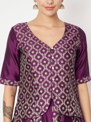Image of studio rasa Women's Silk Blend Block Printed Button Down Readymade Top for Wedding Festive Party