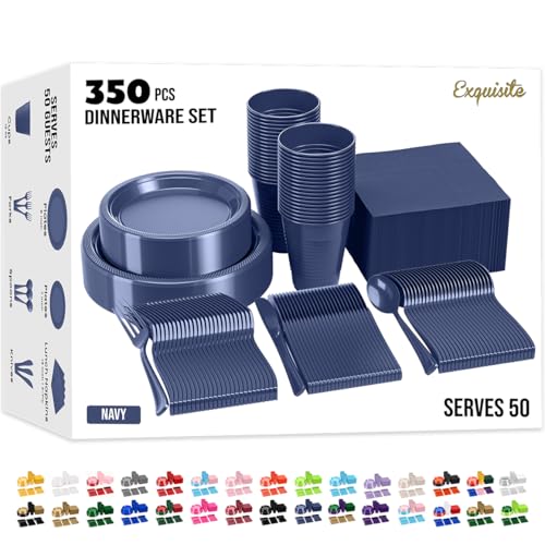 350 Pcs Navy Plastic Plates For Party Navy Disposable Plates Set 50 Of Each 9 Dinner Plate Set 7 Dessert Plate Cups Napkins & Cutlery Plastic Dinnerware Set Exquisite