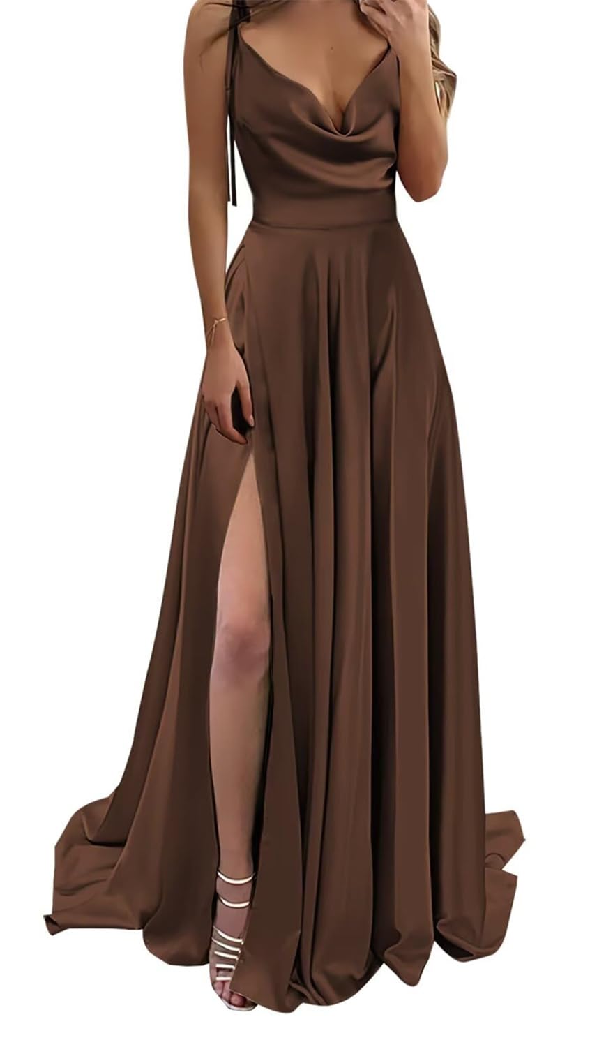 Yiann Women's Brown Prom Dresses For With Slit Floor Length Cowl Neck Satin Bridesmaid Dress Formal Party Gown Uk12
