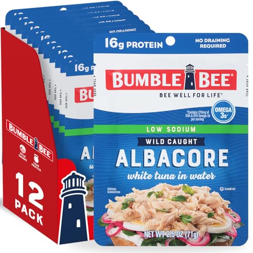 Image of Bumble Bee Low Sodium Chunk White Albacore Tuna in Water, 2.5 oz Pouches (Pack of 12) - Ready to Eat Wild Caught Tuna Packet - 16g Protein per Serving, High in Omega-3s - Non-GMO, Gluten Free, Kosher