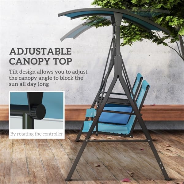 Generic 2-Seat Patio Outdoor Swing with Stand & Canopy, Pivot Storage Table, 2 Cup Holders, Canopy Porch Swing Adjustable Shading, Cushions for Patio and Backyard, Blue