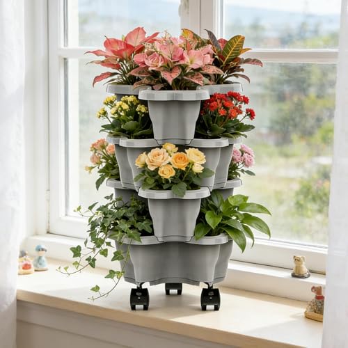 Générique Tour a Fraise à 4/5 Niveaux Pots de Fleurs Empilable avec roulettes et Drainage Jardinière Verticale Auto-arrosage pour Légumes et Fleurs,...