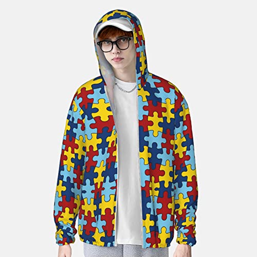 Autism Puzzle Summer Sun Protection Hoodie Jackets, Long Sleeve Sun Shirt Zip Front Rash Guard Sunblock Jacket3