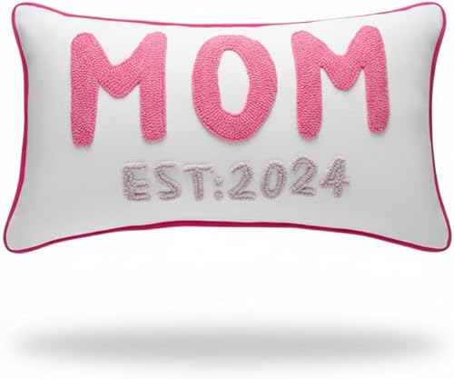 MOM EST - Almohada lumbar personalizada con nombre y año con diseño de borde, bordado de aguja perforada hecha a mano en funda 100% algodón, regalo