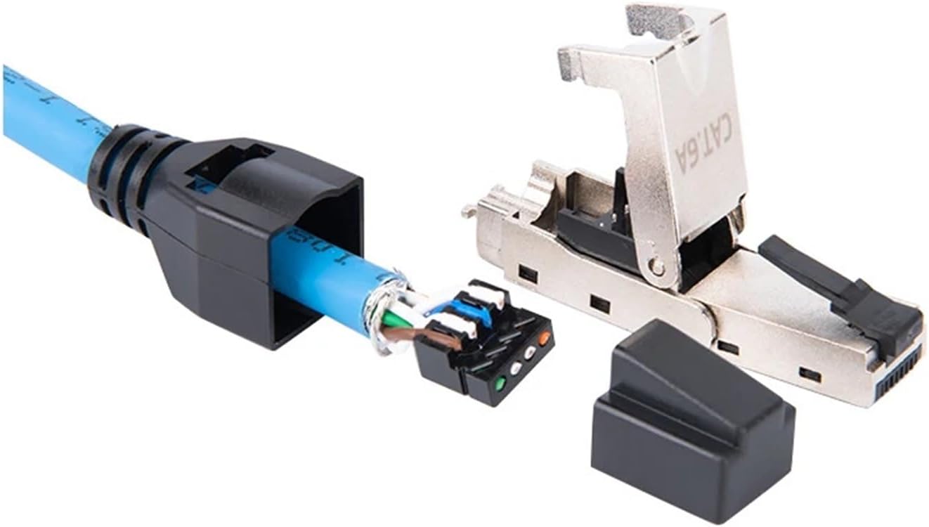 150 degree flex angle RJ45 termination plug Cat 6A field connector shielded quick install