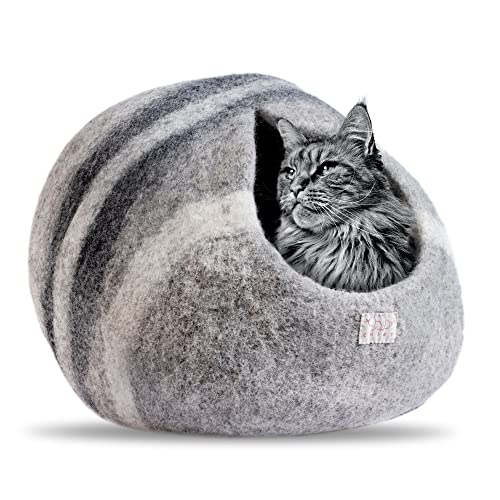 CHIBY Cat Cave Bed (Medium) Cat House for Indoor Cats~ Eco Friendly~ Hand Felted from 100% Natural New Zealand Wool ~ (Grey Stripe)