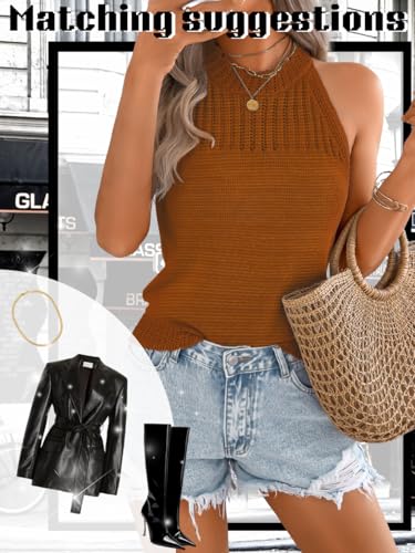 Image of ChiaoLezhee Women's Summer Knit Tank Tops, Racerback High Neck Lightweight Sweater Vest, Dressy Casual Outfits