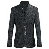 Men Stand Collar Retro Blazer Jacket Winter Solid Slim Fit Chinese Tunic Suit 5 Button Mandarin Collar Sport Coat (Black,Large)