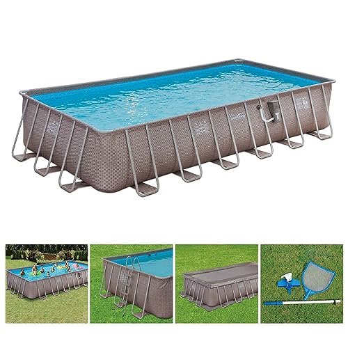 Summer Waves Elite 24' x 12' x 52" Outdoor Rectangular Frame Above Ground Swimming Pool Set with Filter Pump, Cover, Ladder and Ground Cloth, Brown