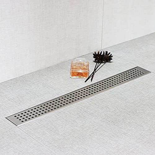 SaniteModar Linear Shower Drain 32 inch with Removable Square Hole Panel by Using Brushed 304 Stainless Steel Process, Linear Drain Equipped with Adjustable Feet and Hair Strainer