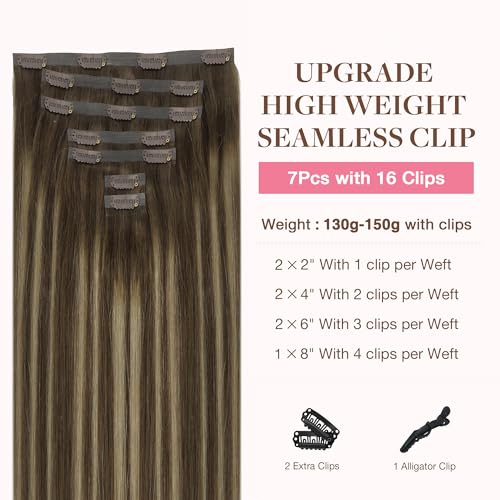 Image of GOO GOO Clip in Hair Extensions Real Human Hair, Remy Human Hair Extensions Clip ins for Women, Natural Human Hair, 18inch 130g 7Pcs, 4 /26 /4 Balayage Chocolate Brown to Honey Blonde