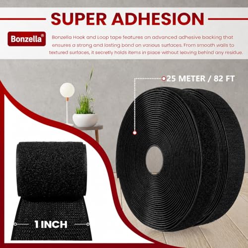 Image of Bonzella Self Adhesive Hook and Loop Tape, Mosquito Net Mounting Tape for Office Use, Photo Frames, Multipurpose Double Sided Adhesive Hook Loop Tape for Crafting & Wall Hanging Black (25m X 25mm)