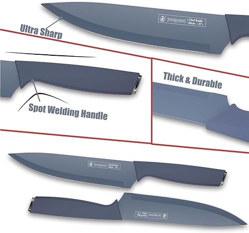 Miniatura 4 de Juego de cuchillos, 6 cuchillos de cocina codificados por colores con bloque, juego de cuchillos de chef de acero inoxidable con revestimiento