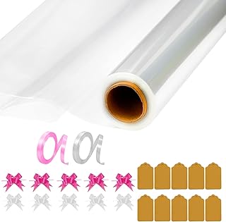 Dekar Cellophane Wrap for Hampers - Includes 10 Pull Bows, 10 Gift Tags & 2 Ribbons | 80cm x 30m | For Wrapping Gifts, Food, Flowers, Hampers, Baskets, Treats, Arts & Crafts