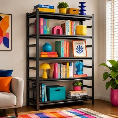 Notmise Bookshelf, Metal Wide Bookcase, Heavy Duty Adjustable Industrial Shelf for Living Room, Bedroom and Library, Black