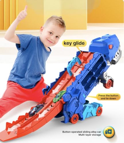 Image of Big Size Dinosaur Truck + Track Set with 8 die-cast Cars Big Hauler Truck Toys for Kids Dinosaur Car Carrier - Deformation into Race Track Gift for Boys Ages 3-6