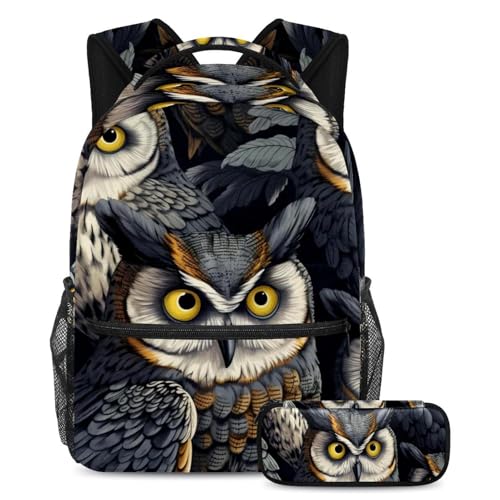 Cartable Animal Art Hibou avec trousse à crayons grand volume contre le désordre