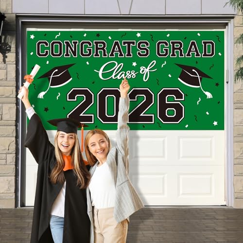 Image of 2026 Graduation Party Plastic Backdrop - 65 inch x 32.7 inch Congrats Grad Banner in Green, Large Class of 2026 Decorations, Photography & Grad Party Supplies