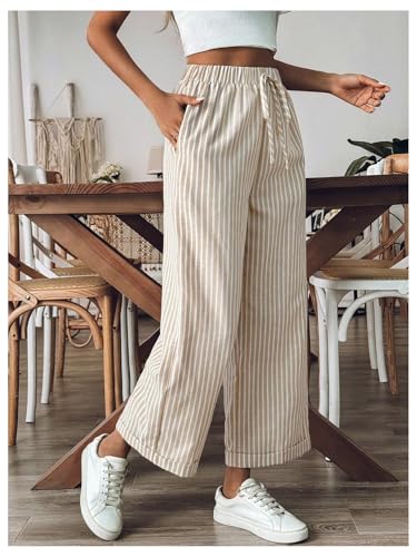 GORGLITTER Women's Striped Wide Leg Crop Pants Drawstring Waist Loose Trousers with Pockets2