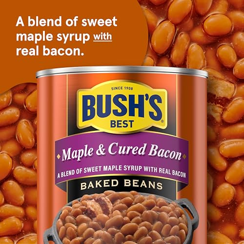 BUSH'S BEST 16 oz Canned Maple Cured Bacon Baked Beans Source of Protein and Fiber, Low Fat, Gluten Free, (Pack of 12)