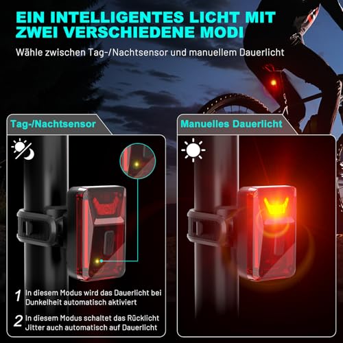 TECHCYC Fahrradlicht Set 70 Lux mit Lichtsensor | 16h Akkulaufzeit | IPX6 – Ansicht 4