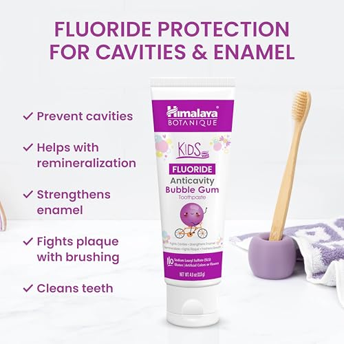 Image of Himalaya Botanique Kids Fluoride Anticavity Toothpaste, Bubble Gum, 4 oz | Fluoride Toothpaste To Fight Cavities & Strengthen Enamel - Vegan, SLS Free, No Artificial Colors or Flavors, Gluten Free