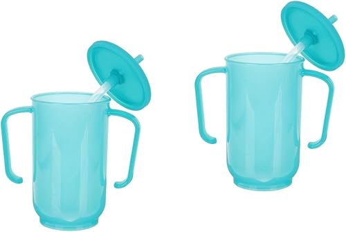 DOITOOL 2 vasos a prueba de derrames para adultos con dos asas, vasos de plástico con tapas y pajitas para adultos, taza azul transparente para