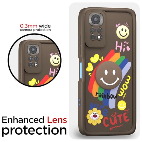 Image of Pikkme Back Cover for Redmi Note 11 / Note 11s | Soft Silicone| Cute Rainbow Smile & 3D Cartoon Flower Design | Shockproof Raised Camera Protection Bumper Case (Brown)