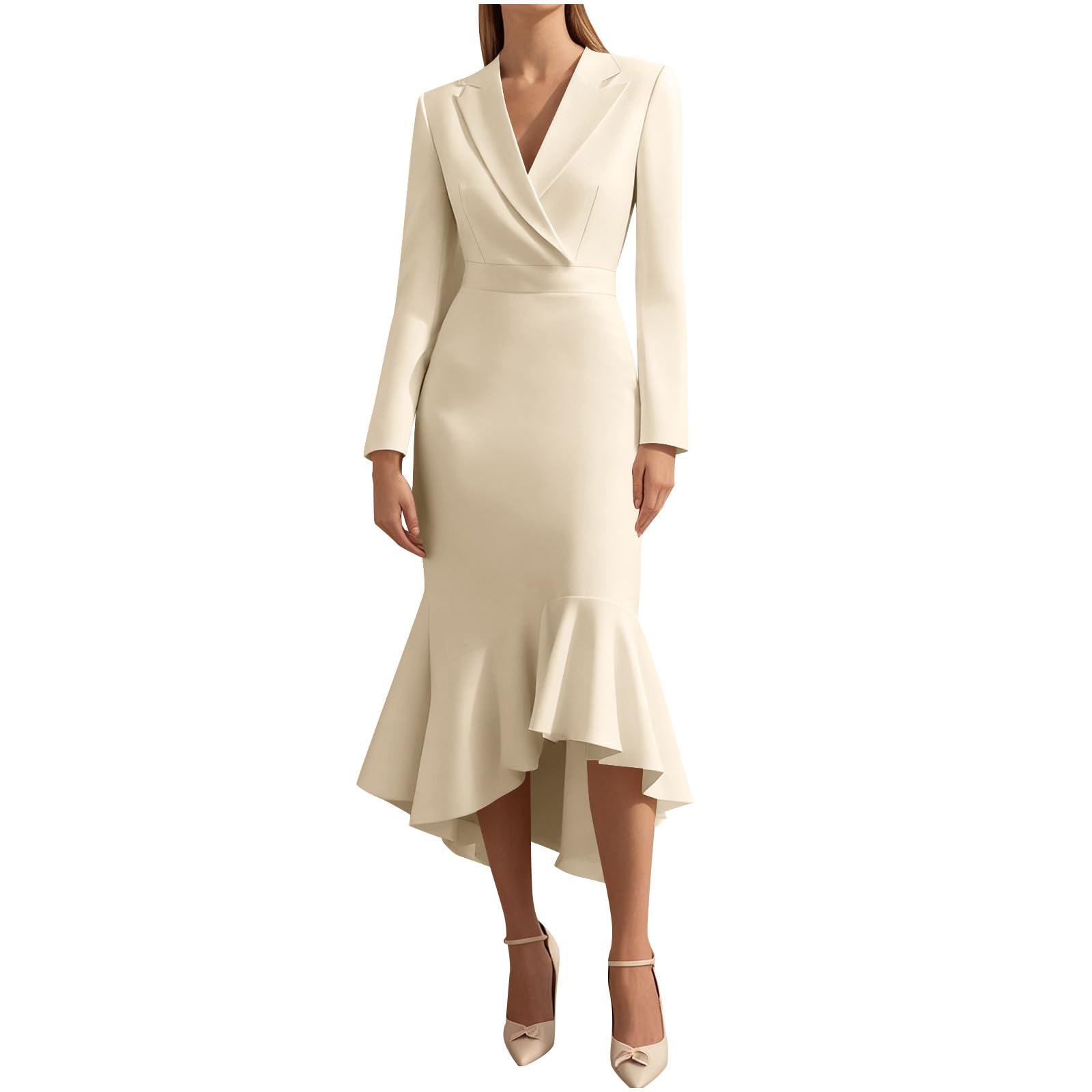Oplxuo Work Dresses for Women Long Sleeve Notch Lapel V-Neck Fishtail Bodycon Sheath Dress Classy Office Business Dresses